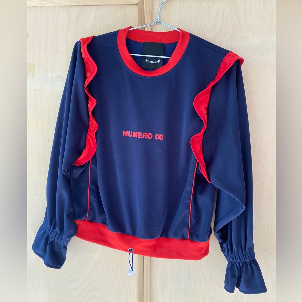Numero 00 Red & Blue Shirt with Ruffles & Drawstring - Size Small